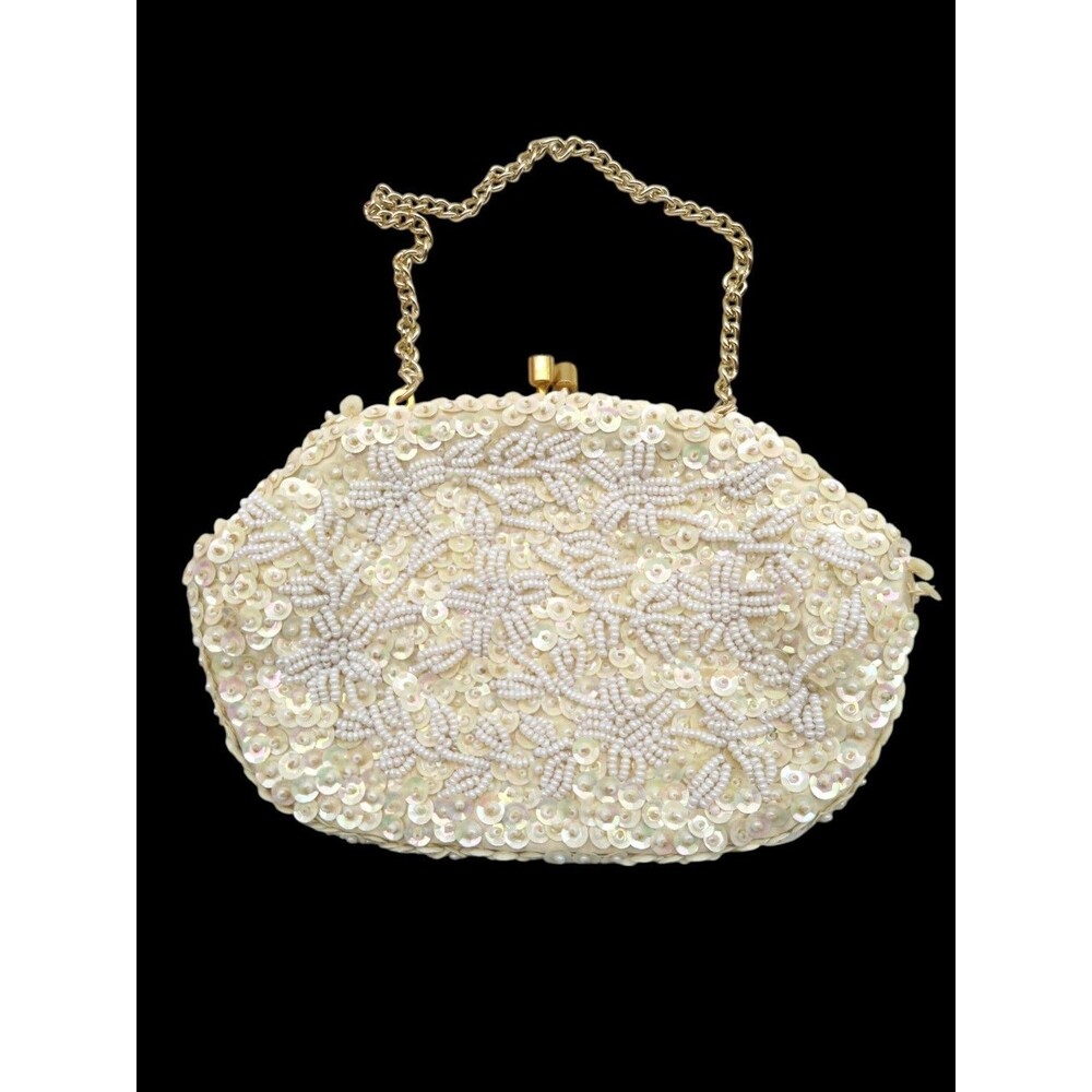Vintage SAFCO Hand Beaded and Sequin Evening Bag Clutch Gold Chain Hong Kong